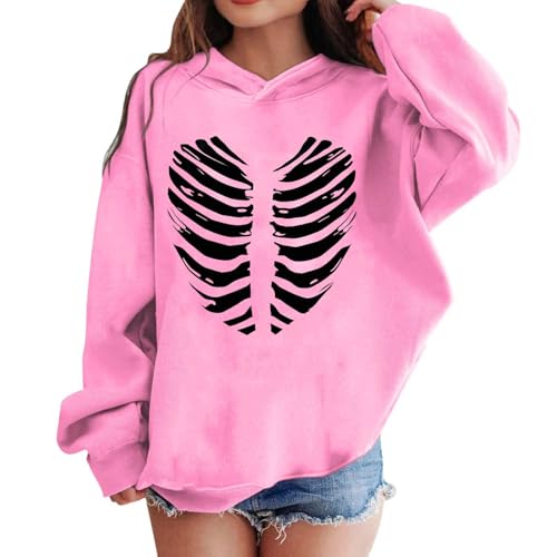 Girl's Halloween Spooky Graphic Hoodies Funny Rib Print Crewneck Long Sleeve Hooded Pullover Sweatshirt2