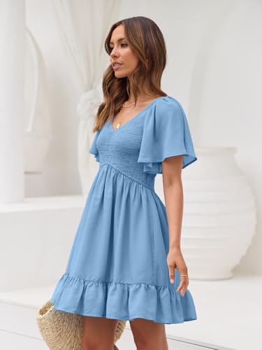 Image of LILLUSORY Women's Flowy Casual Mini Dresses 2026 Summer Graduation Smocked V Neck Vacation Dress Dress with Pockets