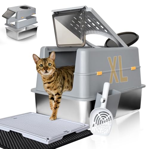 Arenero de acero inoxidable con tapa XL para gatos grandes miniatura 1