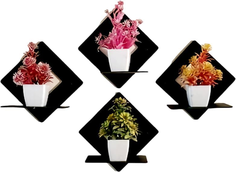 Modern Wall-Mounted Diamond Pattern Plant Shelves, Black MDF with White Pots, 30x15 cm, Decorative Display Set (Pack of 4)-image-30