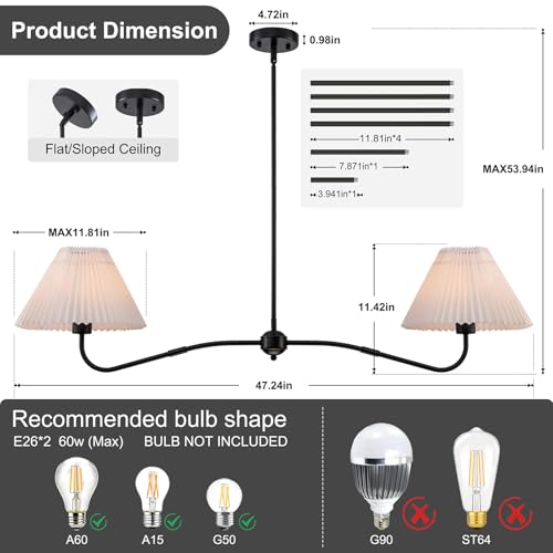47’’ Modern Linear Chandelier for Dining Room, 2-Light Black Farmhouse Pendant lights kitchen island with White Fabric Shades, Island Lighting Fixture for Restaurant Kitchen Over Table, E26 Base by TinHon - Image 7