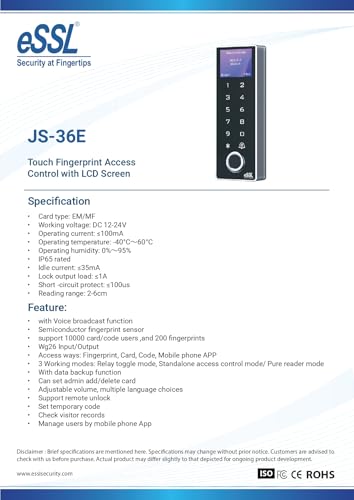Image of essl JS-36E Touch Biometric Fingerprint Access Control with LCD Screen