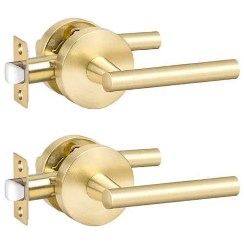 Image of Goldenwarm 2 Pack Gold Passage Door Handles, Closet Door Lever Brushed Gold Interior Door Handle for Hall and Closet, Zinc-Alloy Heavy Duty DoorHandles Reversible(no Lock)