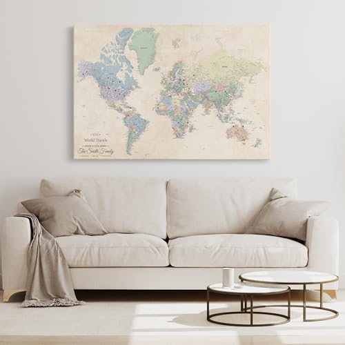 Image of Push Pin Travel Maps Sandy Dreams World Pin Board - Personalized Stretched Canvas Travel Map with Pins, Adventure Wall Art Decor for Tracking Trips - 30 inch x 45 inch