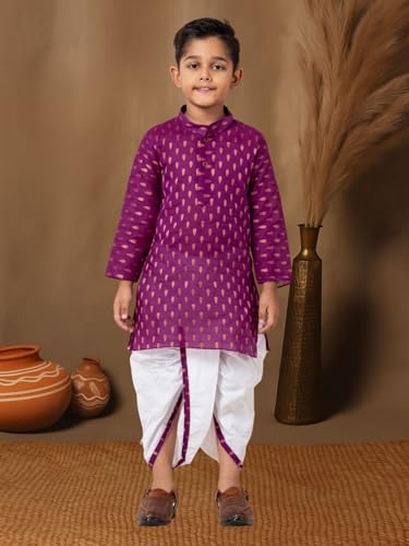 Image of Boys Dhoti Kurta Set for Kids - Cotton Kurta and Elastic Waist Dhoti - Traditional Dress