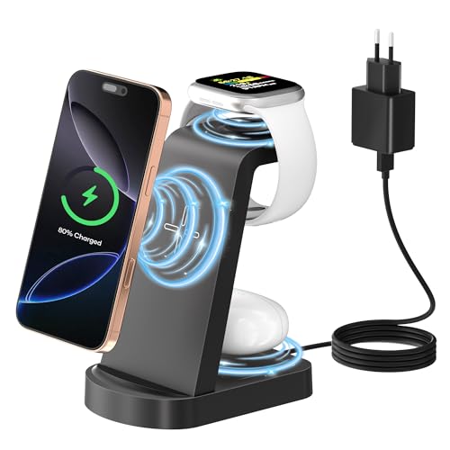 Wireless Charging Station, 3 in 1 Charging Station, Wireless Charger (with 18W Adapter) Wireless Charger Compatible with iPhone 16/15/14/13/12 Pro/ProMax, Apple Watch Ultra/10/9/8/7/6/5/4/SE AirPods