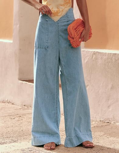 SCOFEEL Women's Pull On Denim Pants Wide Leg Elastic Waist Jeans Casual Loose Fit Baggy Trousers with Pockets3