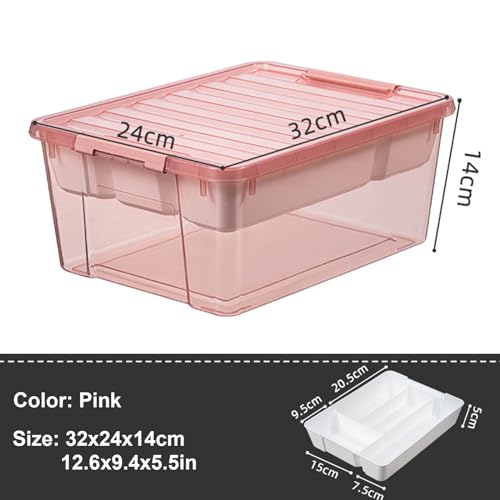 Image of Large Plastic Storage Box with Removable Tray Caddy Clear Art Supply Organizer Playroom Container Organizer Plastic Storage Bin with Lid for Bead Crayon Tool Sewing Supplies (Pink)