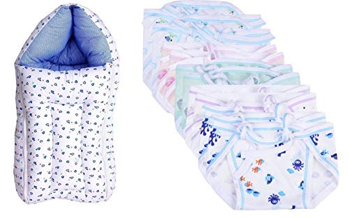 Teeny Turtles New Born Washable Hosiery Cotton Diapers, 0-6 Months - Pack of 6 with Teeny Turtles Baby 3 in 1 Cotton Sleeping Bag Cum Baby Carry Bag (Blue,Pink and Multicolor)
