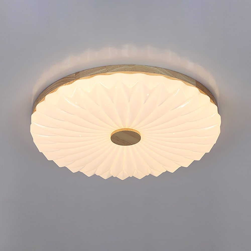 Nowoczesny Plafon Podtynkowy Okrągły, Ściemniane Plisowane Oświetlenie Sufitowe LED Nordyckie Drewniane Lampy Sufitowa do Sypialni Pokoju Dziecięcego Gabinetu