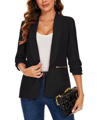 Kyzoeyou Tailored Jacket Open Front Lapel Suit 3/4 Ruched Sleeve Casual Blazer for Women (Black M)