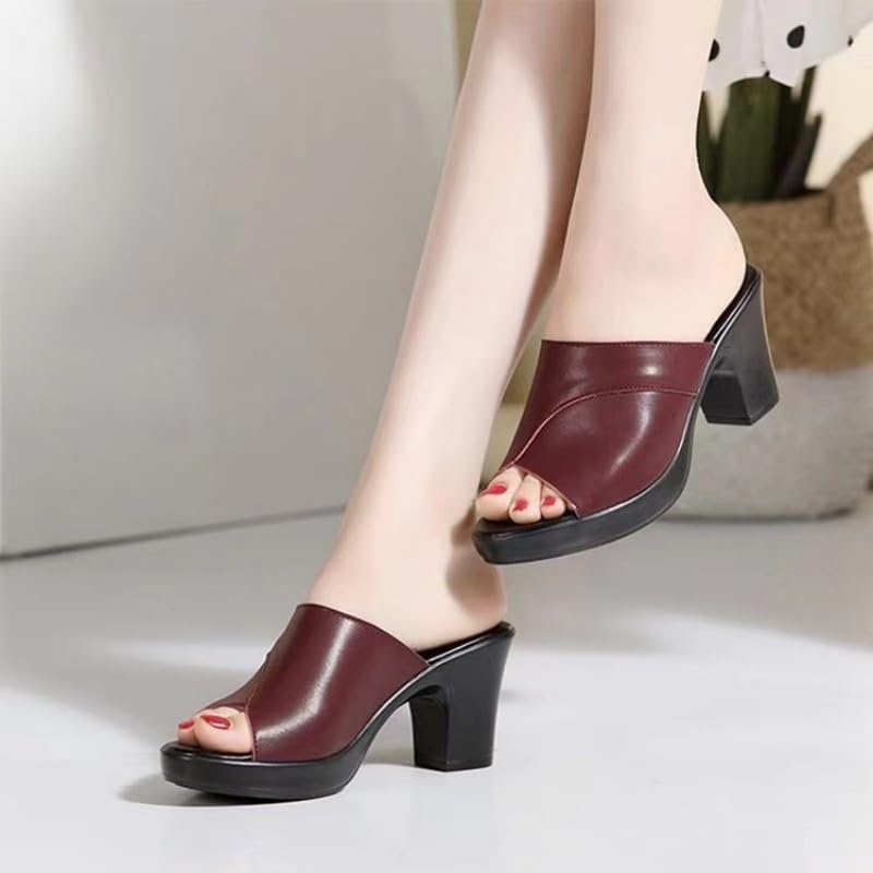 [Summer Slide Sandals] Chunky Heel Peep Toe Mules - Elegant Women's Summer Slide Sandals - Easy Slip-On, Perfect for Casual Wear3