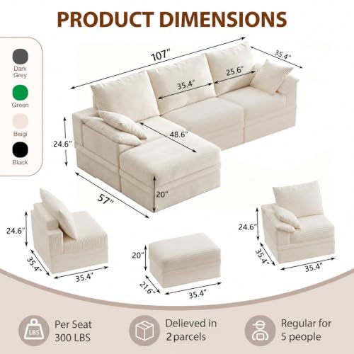 107" Modular Sectional Sofa Boneless Couch with Storage,L-Shape 3 Seat Comfy Modern Cloud Couch Sofa with Ottoman, 27" Deep Seat Corduroy Sofa for Living Room, Tool-Free Assembly - Beige - image 3