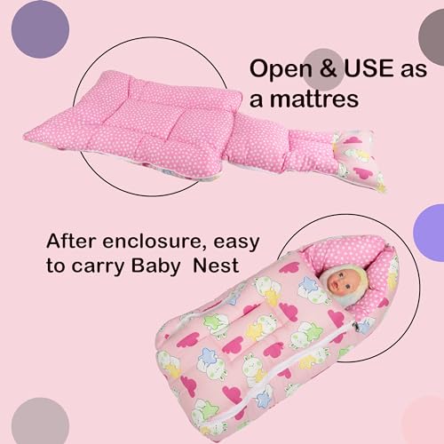 Image of VOIDROP Printed Pink 3 in 1 Baby Sleeping Bag & Carry Nest | Cotton Bedding Set for Infants & New Born Baby | Portable /Travel & Skin Friendly | 0-6 Months