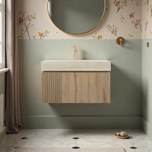 Image of 30 inch Bathroom Vanity with Sink, Wall-Mounted Plywood Bathroom Storage Cabinet with Ceramic Basin & Sintered Stone Countertop, Modern Pre-Assembled Floating Vanity with Drawer & Door, Oak