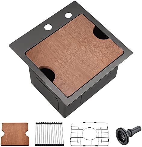 15 Inch Bar Sink Drop In Workstation-VASOYO 15x15 Inch Small Bar Prep Sink Drop in Topmount Kitchen Sink Black 16 Gauge Stainless Steel Single Bowl Outdoor or Bar Sink With Grid&Drain&Cutting Board