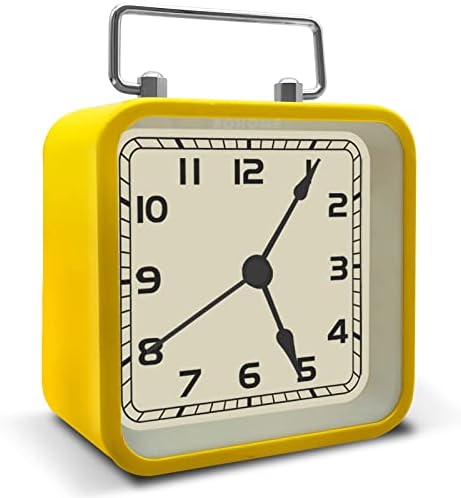 Night Light Alarm Clock, 3.5" Vintage Analog Silent Clock with Snooze Alarms, Non Ticking Battery Operated Small Square Clock for Bedside Desk Table Living Room Shelf Bedroom Shelf (Yellow)