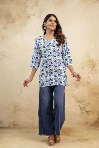 Image of Women's Short Kurti in TopsTunic Rayon Cotton Blend | Ladies Ethnic Tunic