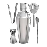 Stainless Steel Cocktail Shaker Set - 5 Piece Bartender Kit with Martini Shaker Strainer Jigger Shot Glass Stirring Spoon - Bartending Supplies Bar Tools Barware and Bartender Gifts Set - Silver