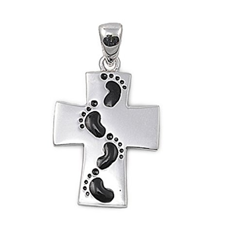CloseoutWarehouse Sterling Silver Footprints in The Sand Cross Pendant