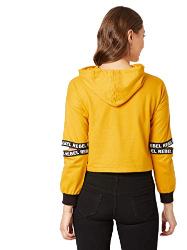 Image of Miss Chase Women's Mustard Hooded Full Sleeves Solid Boxy Drawstring Cut-Out Crop Sweatshirt