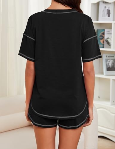 Image of KCW Pajamas for Women Set 2 Piece 100% Cotton Lounge Sets Short Sleeve Top and Shorts Pj Set Sleepwear Outfits