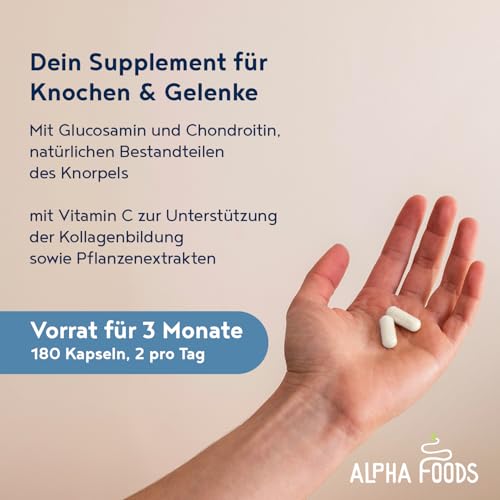Glucosamin Gelenk-Komplex mit Chondroitin, Vitamin C, Kurkuma & Ingwer | 180 Kapseln | Hochdosiert | Gelenke & Knorpel | Made in Germany | Alpha Foods