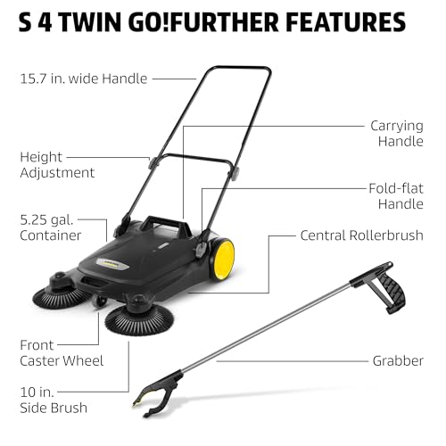 Image of Karcher Walk Behind Outdoor Push Sweeper S 4 Twin Go!Further for Workshops, Sidewalks, Driveways or Garages with Debris Grabber 5.25 Gallon Capacity, 26.8 inch Sweeping Width