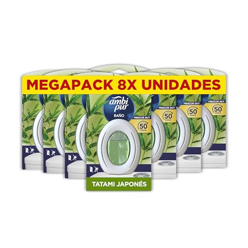 Ambipur Ambientador Para Baño, Fragancia Tatami Japones, Pack de 8 Unidades, Combate los olores y deja un aroma fresco y ligero