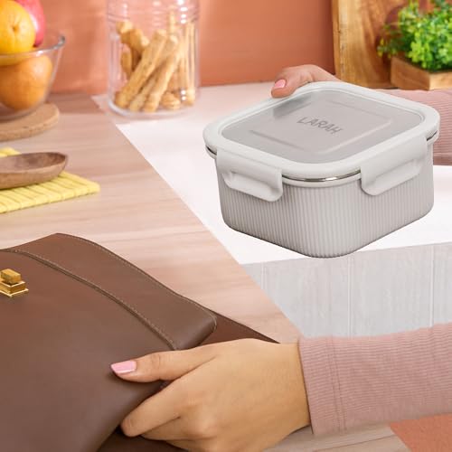 Image of Larah by BOROSIL Freshbyte Food Storage Container with Airtight Stainless Steel Lid | Fridge Container for Lunchbox | Food Grade | Microwave Safe (Grey, 800 ml, Square)