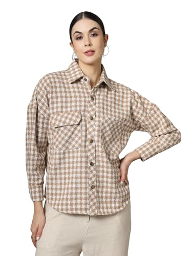 Image of CHKOKKO Tweed Women Oversized Winter Shacket Stylish Standard Length Coat Plaid Jacket Shirt