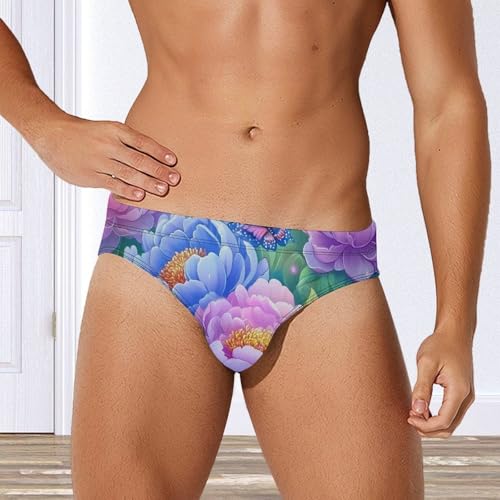 Peony Flowers Butterfly Men's Swimming Trunks Briefs Beach Swimwear Low Rise Bikini Swimsuit Print Bathing Suit4