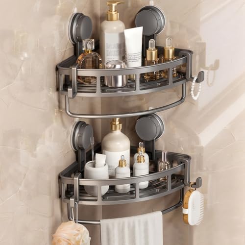 Reelyo バスルーム ラック 吸盤 浴室用ラック 浮かせる 収納 水切り 防水と防錆 コーナーラック フック/タオルバー付き キッチン/風呂場/洗面所 収納ラック (2段)