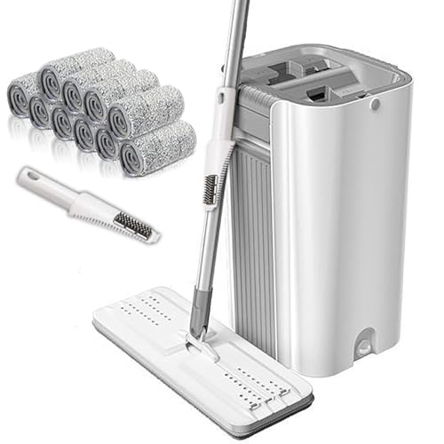 Cyoua 2025アップグレードモップバケツ・高効率クリーニング 水拭きモップ フロアモップ モップ 拭き掃除 フラットモップ モップ絞り器 ?把 バケツ付き 床拭きモッ 10枚交換モップパッド付き mop 階段用モップ 手洗い不要 腰曲げず 乾湿両用