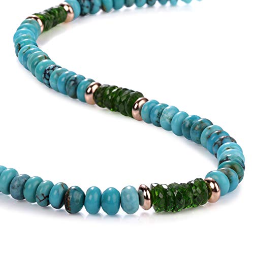Collier diopside vert turquoise argent or rose, pendentif pierres rondes