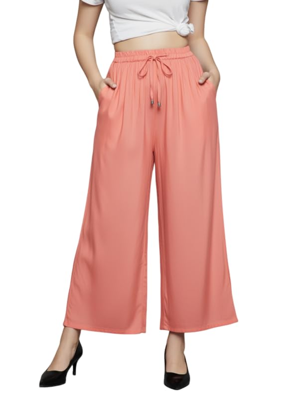 Image of Super Soft Viscose Rayon Flared Palazzo Pants for Women Stylish Wide Leg Straight Relaxed Fit Casual Ethnic Office Wear