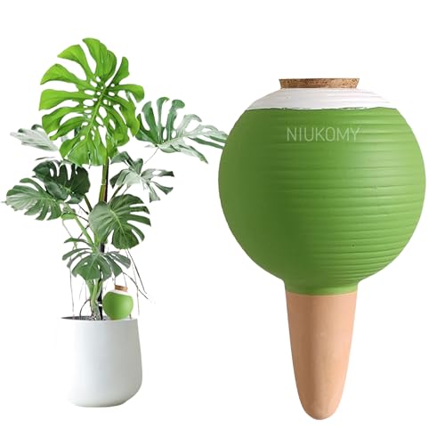 NIUKOMY Irrigazione Automatica Argilla Grande 450 ML, Dispenser Acqua Piante Terracotta, Sfere da Irrigazione Cono Argilla con Tappo Sughero per Vacanze, Famiglia, Ufficio, Verde
