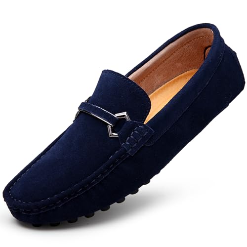 Mens Driving Penny Loafers Suede Moccasins with Metal Buckle Elegant Slip On Casual Boat Shoes