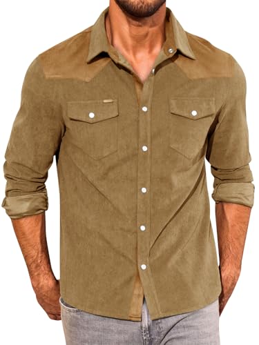 Image of Yousify Mens Western Cowboy Shirt Retro Corduroy Shirts with Pockets | Long Sleeve, Button Down, Vintage Snap Shirt, Country Shacket Jackets
