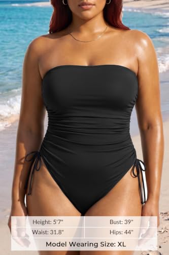Image of Yonique Women Strapless One Piece Swimsuit Tummy Control Bandeau Bathing Suit Cheeky Swimwear