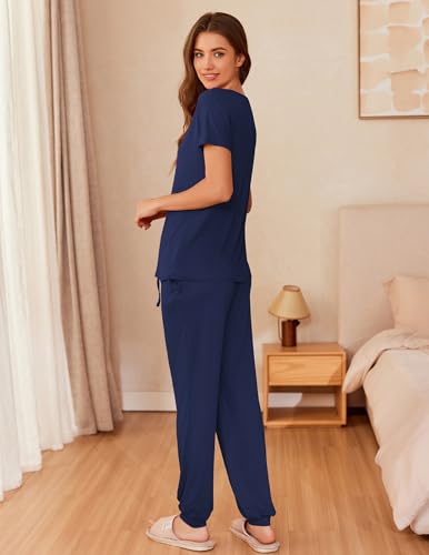 Image of Ekouaer Womens Pajama Sets Short Sleeve Lounge Sets for Women Printed Jogger Pajama Set 2 Piece Pj Sets With Pockets S-XXL