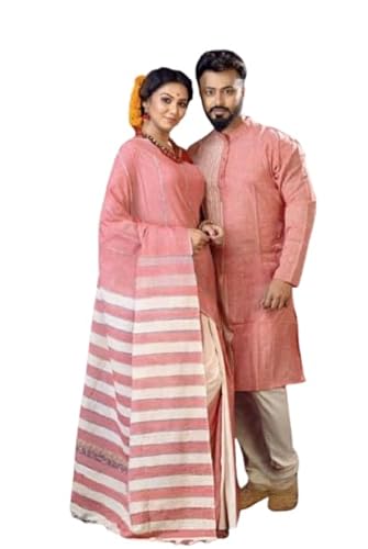 Blissbie Couple Set Women's and Men's Handloom Pure Cotton Matching Combo Couple Dress Saree and Kurta (L)