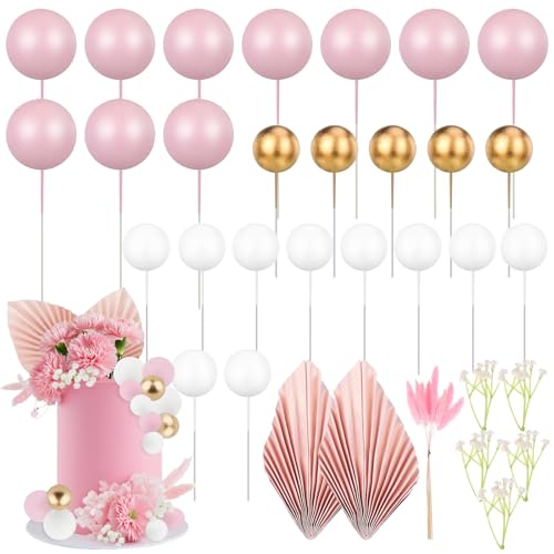 42 Pcs Cake Decorations,Pink Palm Ginkgo Leaves Cake Decoration,Pink White Gold Ball Cake Topper Decorations Party Supplies,for Weddings,Birthdays,Babies,Christmas,Valentine's Day,Anniversary