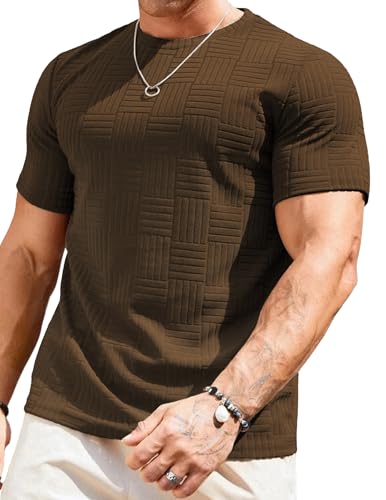 Image of JMIERR Mens T-Shirt Casual Stretch Solid Crewneck Short Sleeve Tees Textured Shirts