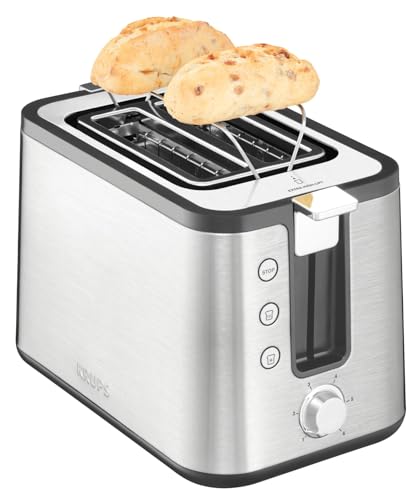 Krups KH442D Control Line Premium Toaster, Edelstahl, 2 kurze Schlitze für 2 Scheiben, Brötchenaufsatz, 6 Bräunungsgrade, 850 W, 23.6 x 32.4 x 20.2 cm, Silber/ Schwarz