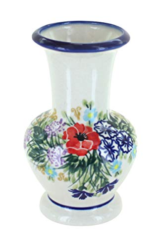 Blue Rose Polish Pottery - Red Summer Garden Medium Vase - 6" Tall - Ceramic Flower Vase, Decorative Floral Design for Table, Shelf or Mantel Décor