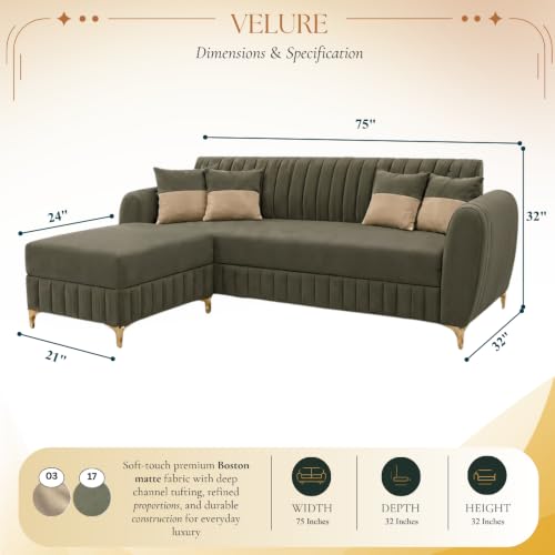 Image of CASASTYLE Signature Velour 4-Seater L-Shape Sofa Set with Movable Ottoman | Flexible LHS /RHS Layout | Boston Matte Fabric | 40D Foam + Zigzag Spring | 3-Yr Warranty (Olive Green)