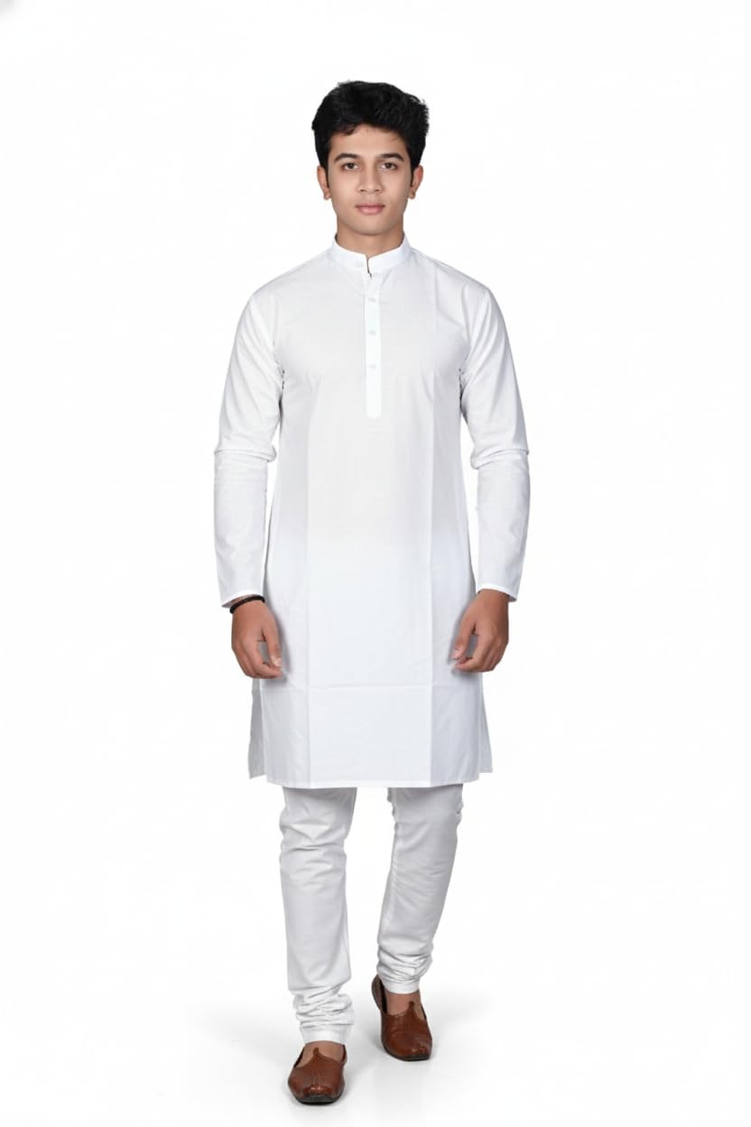 Plain Cotton Kurta Pyjama for Men | Regular Fit, Knee Length | Long Sleeves | Breathable | Ethnic Wear for Festive & Daily Use-image-9