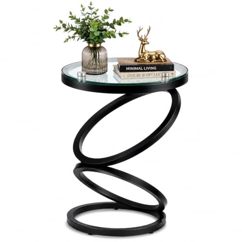 Image of Modern Black Side Table with Glass Top, Round End Table for Living Room & Bedroom
