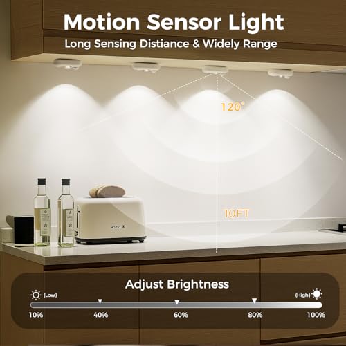 Image of LED Motion Sensor Puck Lights, Small Rechargeable Under Cabinet Light, Dimmable Daylight White Closet Lights, Wireless Under Cabinet Lighting for Drawer, Kitchen (4 Pack)